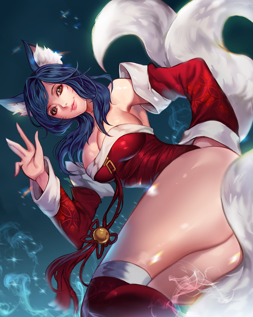 :p ahri animal_ears ass bangs bare_shoulders blue_hair breasts brown_eyes chicle cleavage collarbone detached_sleeves dress eyelashes eyeliner fingernails fox_ears fox_tail gradient gradient_background hand_on_back hand_up highres korean_clothes large_breasts league_of_legends long_hair long_sleeves looking_at_viewer makeup multiple_tails nose parted_bangs parted_lips pink_lips red_dress red_legwear shiny shiny_skin smile smoke solo strapless strapless_dress tail tassel thighhighs tongue tongue_out whisker_markings