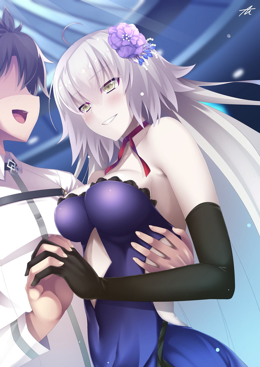 1girl :d ahoge armpit_peek asakura_kukuri backless_dress backless_outfit bangs bare_shoulders black_gloves blue_dress blush breasts choker commentary_request couple covered_navel dancing dress elbow_gloves face-to-face fate/grand_order fate_(series) flower fujimaru_ritsuka_(male) gloves grin hair_flower hair_ornament hetero highres holding_hands interlocked_fingers jeanne_d'arc_(alter)_(fate) jeanne_d'arc_(fate)_(all) long_hair medium_breasts open_mouth ribbon_choker silver_hair smile upper_body very_long_hair yellow_eyes