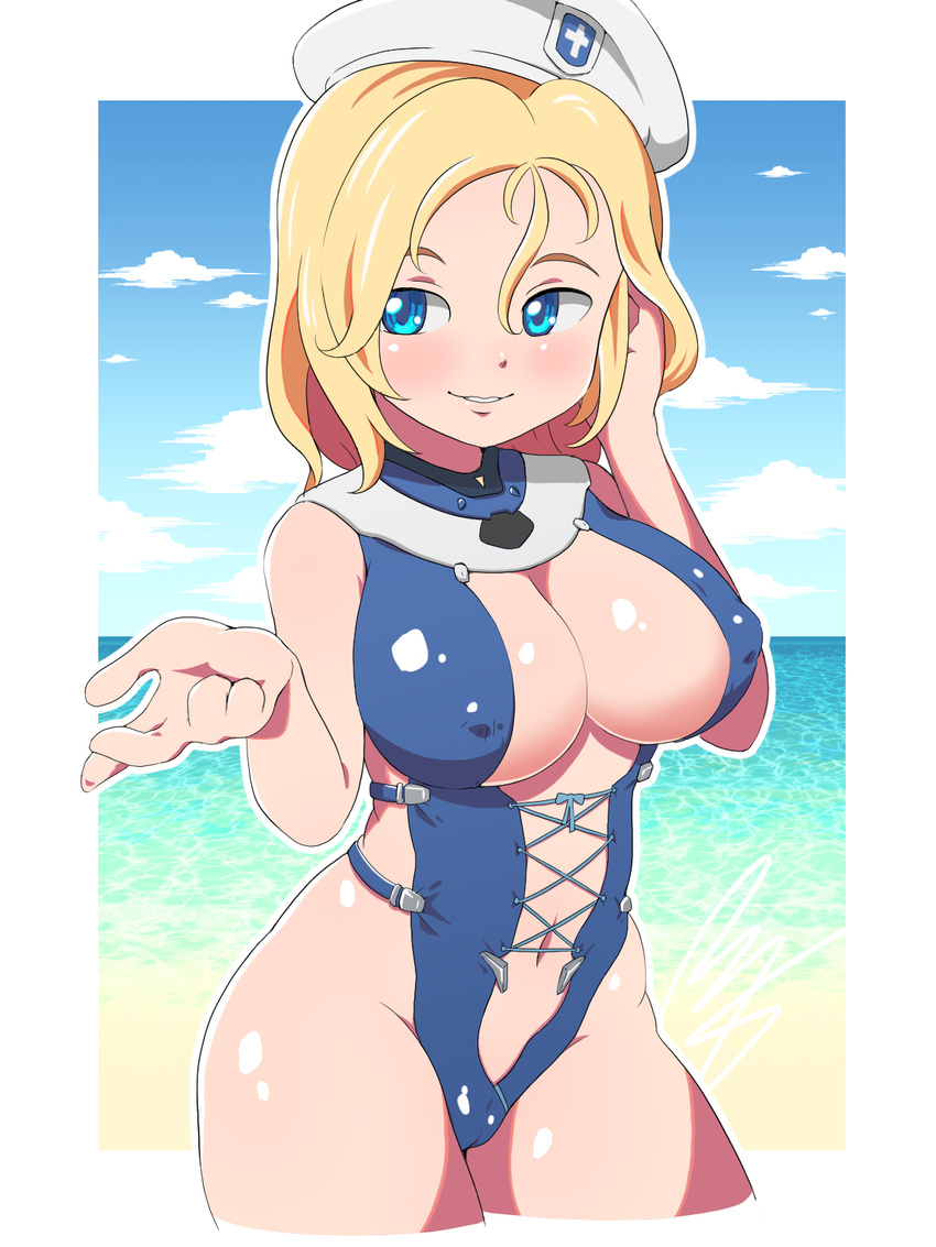 blonde_hair blue_eyes breasts combat_medic_ziegler covered_nipples cowboy_shot hair_between_eyes hat highres large_breasts looking_to_the_side mercy_(overwatch) ocean one-piece_swimsuit overwatch parted_lips rogeris short_hair smile solo swimsuit