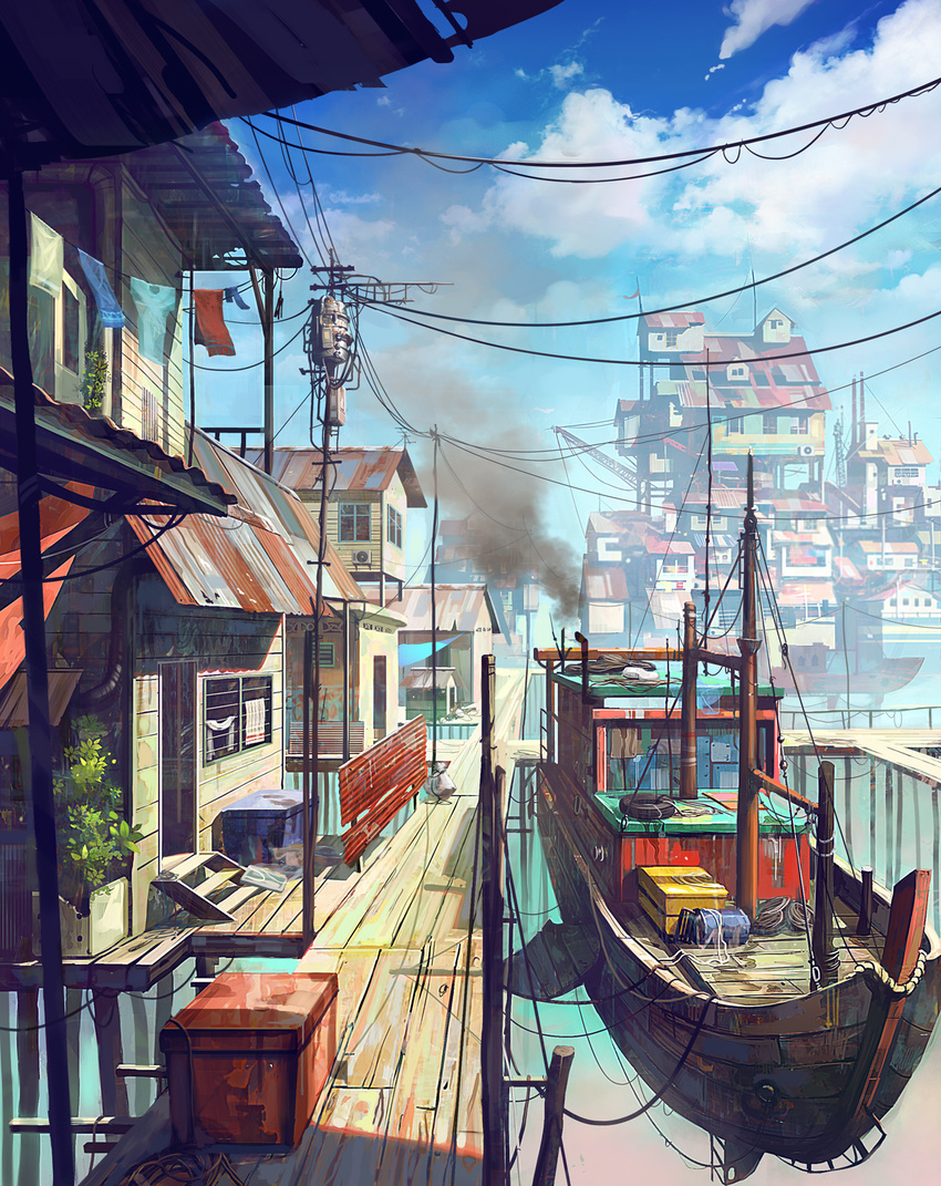 airship boat box building chong_feigiap city cityscape clothesline cloud copyright_request corrugated_galvanised_iron_sheet crane day dock highres laundry long_hair no_humans outdoors pier plant power_lines revision rope scenery sky smoke standing watercraft