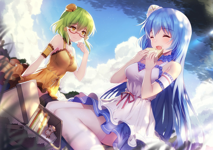 :d ^_^ arm_strap bangs bare_shoulders bison_cangshu black_legwear blue_hair blush breasts closed_eyes closed_mouth cloud cloudy_sky commentary_request dappled_sunlight day dress food glasses green_hair hair_between_eyes hat highres large_breasts long_hair looking_at_another mini_hat multiple_girls new_orleans_(zhan_jian_shao_nyu) open_mouth outdoors picnic_basket quincy_(zhan_jian_shao_nyu) red-framed_eyewear sandwich semi-rimless_eyewear short_hair sitting sky smile sunlight thighhighs under-rim_eyewear very_long_hair wariza white_dress white_legwear yellow_dress yellow_eyes zhan_jian_shao_nyu