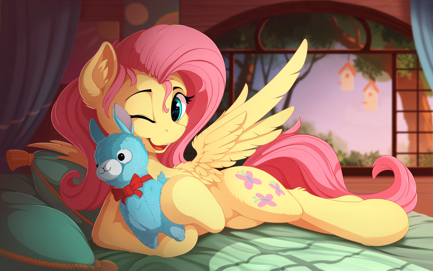 blue_fur cutie_mark day detailed_background equine eyebrows eyelashes feathered_wings feathers female feral fluttershy_(mlp) friendship_is_magic fur hair hi_res hooves inside lying mammal my_little_pony one_eye_closed open_mouth pegasus pink_hair smile solo teeth wings yakovlev-vad yellow_feathers yellow_fur