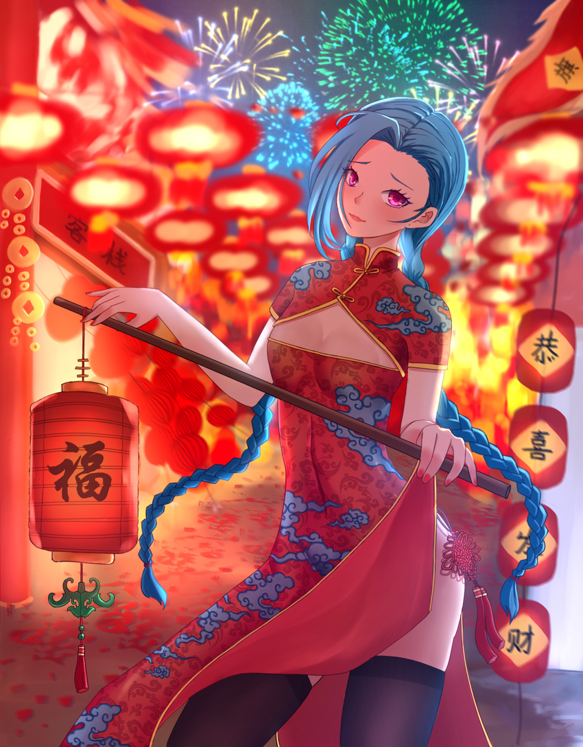 blue_hair braid breasts chinese_clothes cleavage cleavage_cutout fireworks jinx_(league_of_legends) league_of_legends lipstick long_hair petit_breasts pink_eyes thighhighs twin_braids