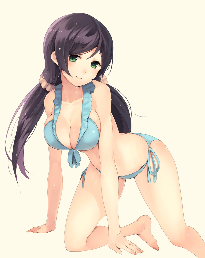 1girl all_fours aqua_bikini barefoot beige_background bikini blush breasts cleavage closed_mouth collarbone eyebrows_visible_through_hair front-tie_bikini front-tie_top green_eyes hair_ornament hair_scrunchie halter_top halterneck highres kneeling large_breasts light_smile long_hair looking_at_viewer love_live! love_live!_school_idol_project low_twintails paseri purple_eyes scrunchie side-tie_bikini simple_background smile solo swimsuit thighs toujou_nozomi twintails