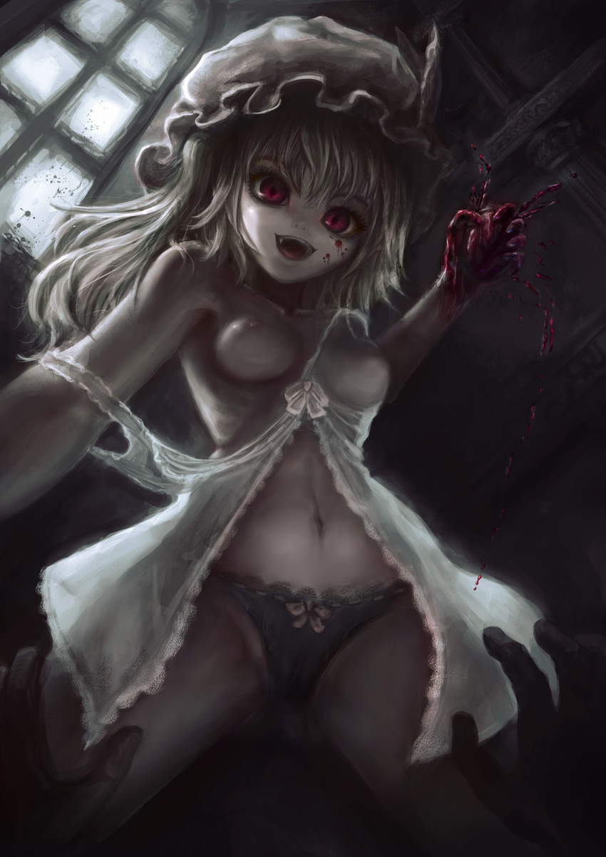 absurdres alexoso babydoll black_panties blonde_hair blood blood_on_face bloody_hands bow bow_panties breasts collarbone flandre_scarlet from_below guro hat heart_(organ) highres holding lace lace-trimmed_panties long_hair looking_away mob_cap navel nipples panties ribbon-trimmed_panties side_ponytail small_breasts solo_focus touhou underwear vampire window
