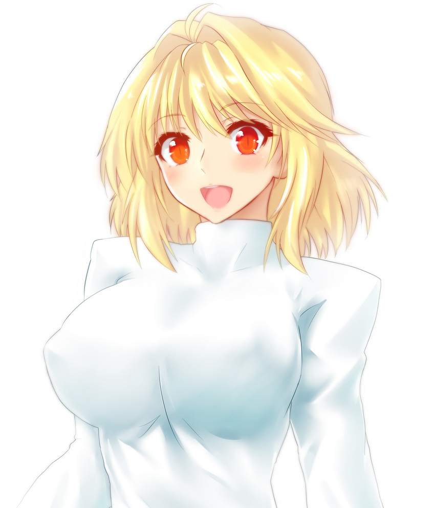 :d ahoge arcueid_brunestud blonde_hair blush breasts hair_intakes highres large_breasts looking_at_viewer minarai_tenna open_mouth red_eyes short_hair simple_background slit_pupils smile solo sweater tsukihime turtleneck upper_body white_background
