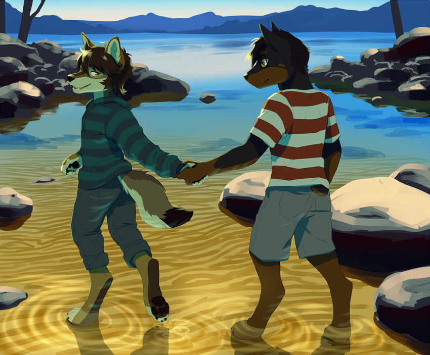 4_toes 5_fingers akitamonster anthro barefoot black_nose canine clothed clothing day detailed_background digitigrade dog duo mammal open_mouth outside sand smile standing teeth toes water