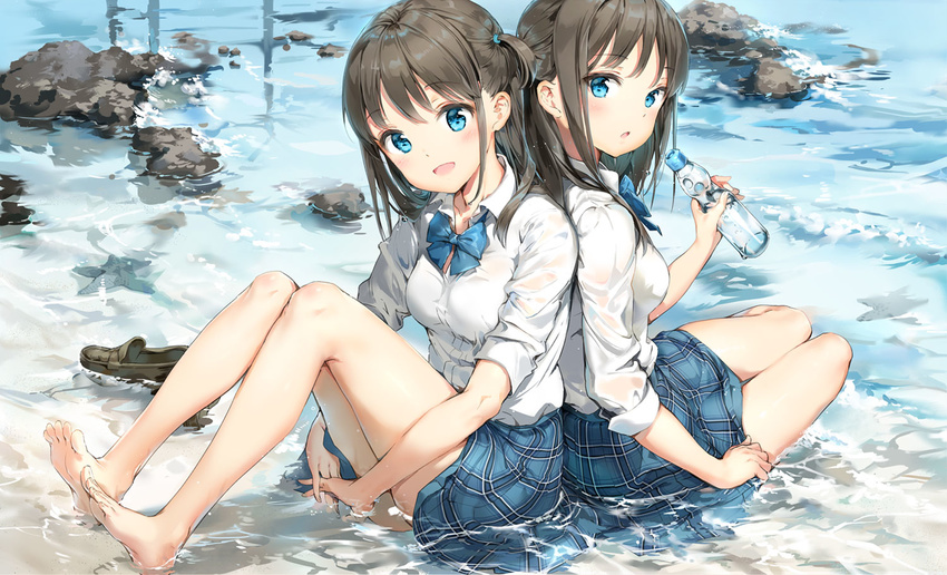 anmi back-to-back bangs bare_legs barefoot beach black_hair blue_eyes blush bottle day leg_hug loafers long_hair long_sleeves looking_at_viewer multiple_girls no_shoes ocean one_side_up open_mouth original outdoors partially_submerged pleated_skirt ramune sand school_uniform serafuku shoes shoes_removed sitting skirt sleeves_rolled_up smile toes water wet wet_clothes yokozuwari