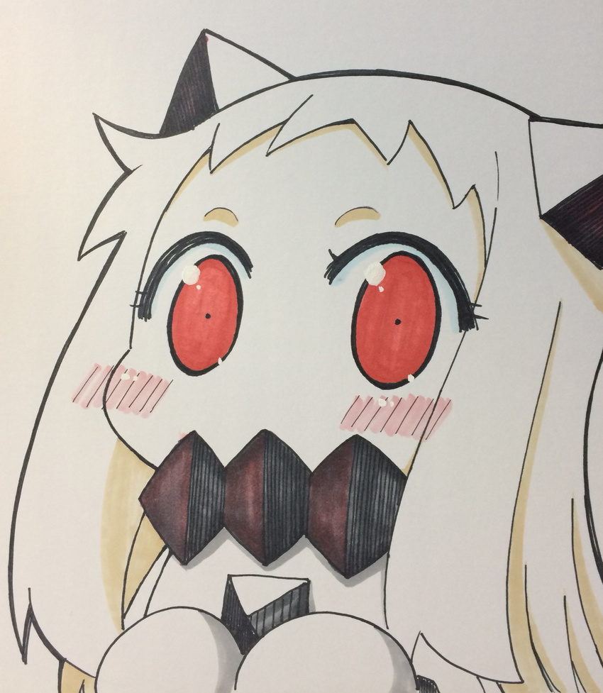 blush_stickers close-up collar colored_pencil_(medium) commentary_request covered_mouth dress highres horns kantai_collection long_hair looking_at_viewer mittens northern_ocean_hime orange_eyes red_eyes shikishi shinkaisei-kan sleeveless sleeveless_dress solo traditional_media upper_body white_background white_hair yamato_nadeshiko