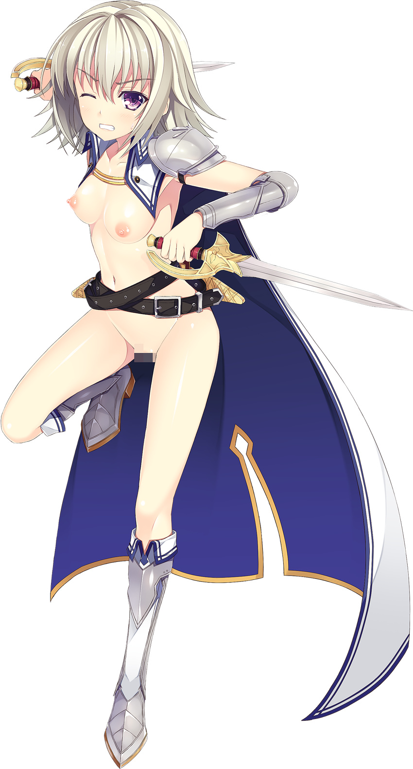 aikawa_tatsuki armor armored_boots belt boots breasts cape censored dagger dual_wielding full_body grin highres holding leg_up loose_belt mea_hartlean medium_breasts mosaic_censoring navel nipples nude official_art pauldrons purple_eyes pussy ryuukishi_bloody_saga short_hair smile solo transparent_background weapon white_hair wince