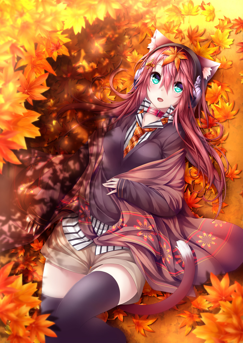 :d absurdres animal_ears autumn autumn_leaves black_legwear black_sweater breasts brown_hair brown_shorts cardigan cat_ears cat_girl cat_tail chabaneko collar collared_shirt cowboy_shot dress_shirt eyebrows_visible_through_hair green_eyes hair_between_eyes hair_ornament hairclip headphones heart heart-shaped_pupils highres knee_up leaf leaf_on_head legs_together long_hair long_sleeves looking_at_viewer lying maple_leaf medium_breasts necktie open_mouth original plaid plaid_neckwear red_hair shirt short_shorts shorts smile solo striped striped_shirt sweater symbol-shaped_pupils tail thighhighs treble_clef treble_clef_hair_ornament vertical-striped_shirt vertical_stripes white_shirt wing_collar yonari_phone_neon