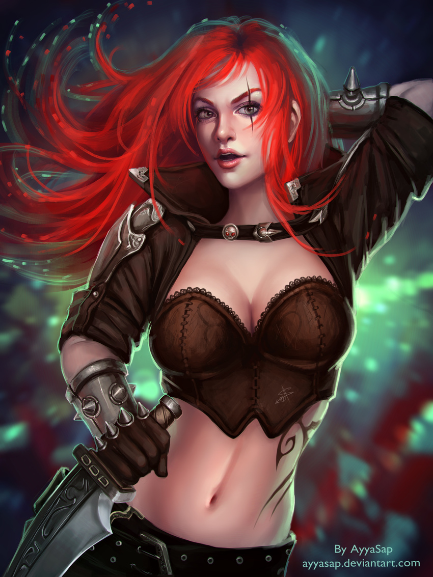 artist_name ayya_saparniyazova belt bracelet breasts cleavage gloves grey_eyes highres jacket jewelry katarina_du_couteau large_breasts league_of_legends long_hair midriff navel open_mouth red_hair scar scar_across_eye solo spiked_bracelet spiked_knuckles spikes tattoo watermark web_address