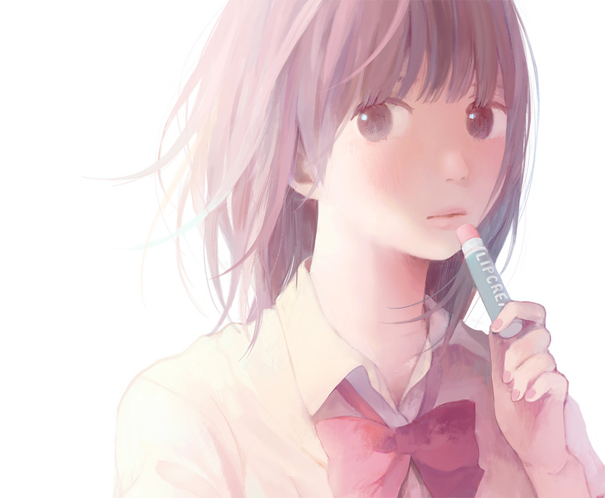 blurry blurry_background brown_eyes brown_hair lip_balm looking_at_viewer nakamura_hinata original revision short_hair simple_background solo white_background wide-eyed