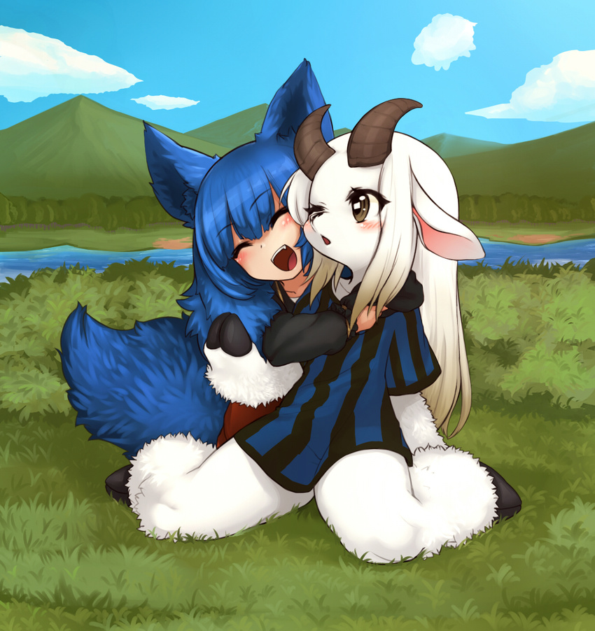 :d ^_^ animal_ears blonde_hair blush brown_eyes bush closed_eyes cloud collarbone commentary day eyebrows_visible_through_hair fox_ears fox_tail full_body furry grass highres hill hooves horns hug hug_from_behind long_hair long_sleeves multiple_girls on_ground open_mouth original outdoors parted_lips river sheep_ears sheep_horns shirt short_sleeves sitting sky smile striped striped_shirt suke_(158628) tail vertical-striped_shirt vertical_stripes wariza