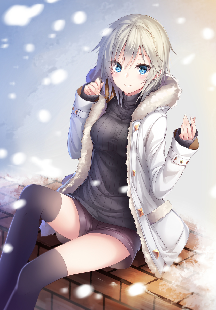 absurdres anastasia_(idolmaster) bangs black_legwear black_sweater blue_eyes breasts brown_shorts buttons chabaneko closed_mouth coat cold eyebrows_visible_through_hair fingernails fur-trimmed_coat fur_trim hair_between_eyes hands_up heart heart-shaped_pupils highres idolmaster idolmaster_cinderella_girls knee_up long_sleeves looking_at_viewer medium_breasts ribbed_sweater short_hair short_shorts shorts sitting sleeves_past_wrists smile snowing solo sweater symbol-shaped_pupils thighhighs turtleneck turtleneck_sweater white_hair winter_clothes winter_coat