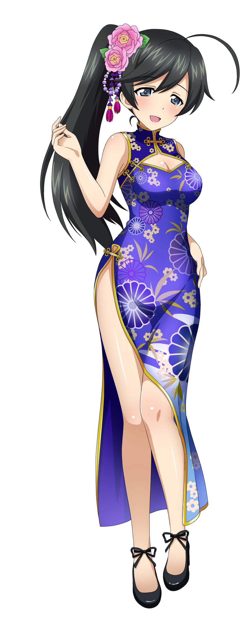 absurdres ahoge black_eyes black_hair china_dress chinese_clothes cleavage_cutout dress floral_print flower full_body girls_und_panzer hair_flower hair_ornament hand_on_hip highres isuzu_hana long_hair official_art open_mouth side_ponytail simple_background sleeveless solo source_request white_background