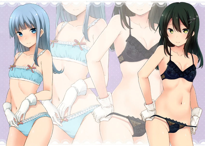 :| absurdres black_bra black_hair black_panties blue_bra blue_eyes blue_hair blue_panties blush bow bow_bra bow_panties bra breasts cleavage closed_mouth collarbone detexted eyebrows_visible_through_hair gloves green_eyes hair_ornament hairclip hatsukaze_(kantai_collection) highres hime_cut kantai_collection lace lace-trimmed_bra lace-trimmed_panties long_hair looking_at_viewer multiple_girls nagami_yuu navel oyashio_(kantai_collection) panties panty_lift panty_pull purple_background scan small_breasts smile third-party_edit underwear underwear_only zoom_layer
