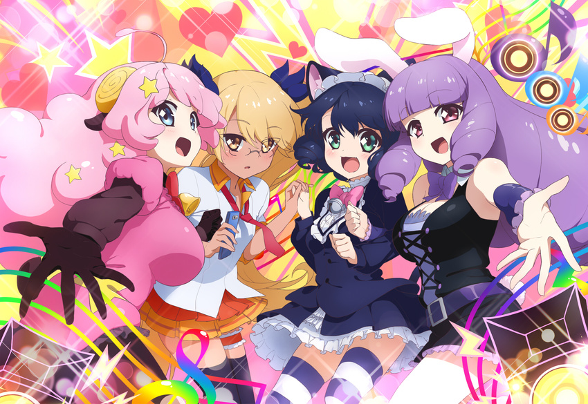 :3 :d ahoge animal_ears bell belt black_legwear blonde_hair blue_eyes blue_ribbon blush bow bowtie breasts brown_eyes bunny_ears cat_ears cellphone chuchu_(show_by_rock!!) cyan_(show_by_rock!!) dress eighth_note eyebrows_visible_through_hair fang glasses green_eyes hair_ribbon hairband heart highres holding holding_hands holding_phone horns jingle_bell large_breasts leg_garter lolita_hairband long_hair looking_back moa_(show_by_rock!!) multiple_girls musical_note necktie open_mouth orange_skirt outstretched_arm parted_lips phone pink_bow pink_eyes pink_hair pleated_skirt purple_bow purple_hair purple_neckwear red_neckwear retoree ribbon rimless_eyewear sheep_horns shirt short_hair short_sleeves show_by_rock!! skirt sleeveless sleeveless_dress smartphone smile sparkle speaker star striped striped_legwear striped_skirt suke_(158628) thighhighs twintails very_long_hair white_shirt wrist_cuffs yellow_skirt