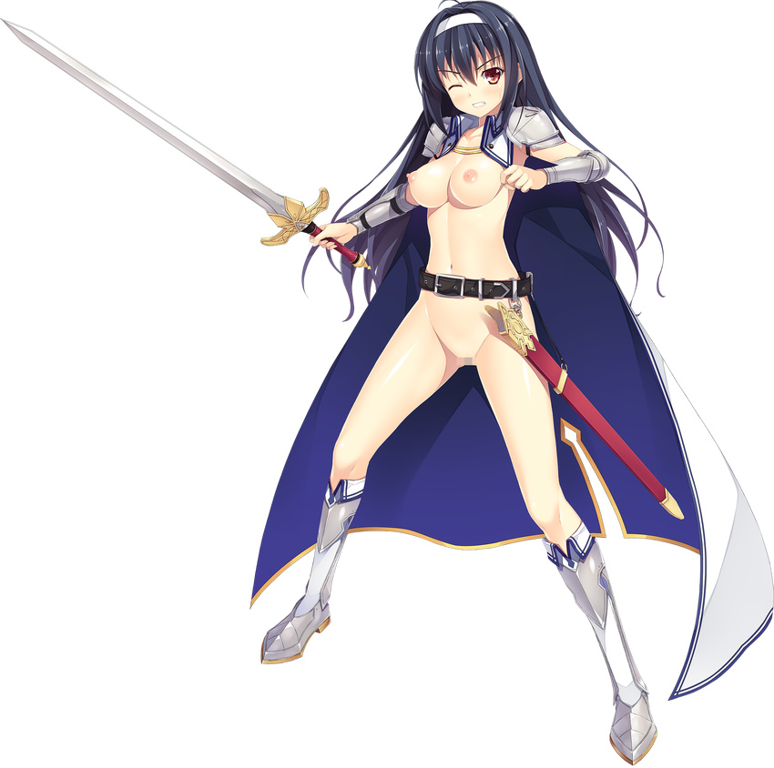 absurdres aikawa_tatsuki belt black_hair breasts censored full_body grin highres holding holding_sword holding_weapon legs_apart long_hair looking_at_viewer loose_belt medium_breasts mosaic_censoring navel nipples nude official_art pussy red_eyes rize_mknest ryuukishi_bloody_saga smile solo sword transparent_background weapon wince