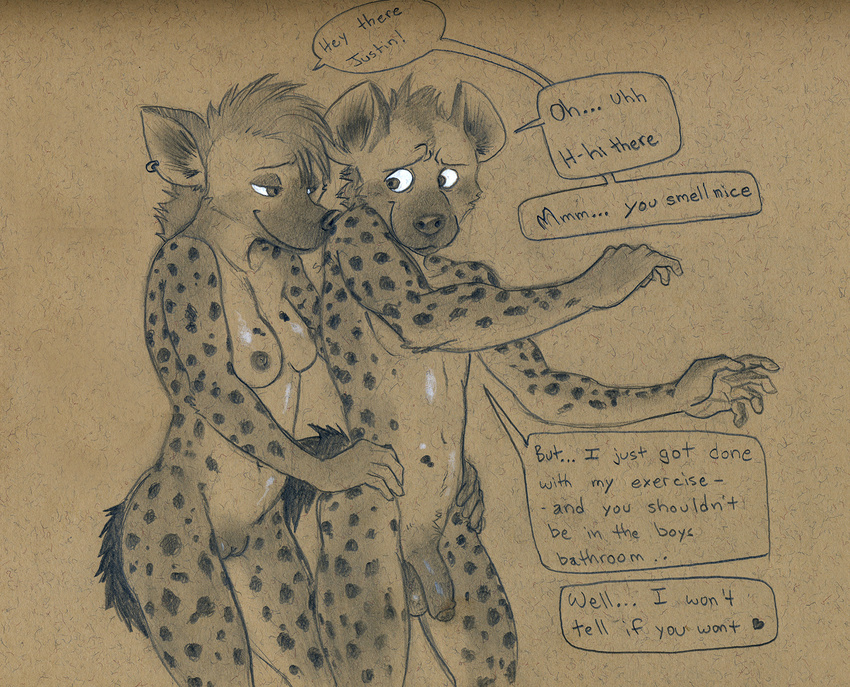 anthro balls breasts dialogue female foreskin fur hair half-closed_eyes hands_on_hip hyena male male/female mammal navel nipples nude penis pussy smile sniffing standing tush