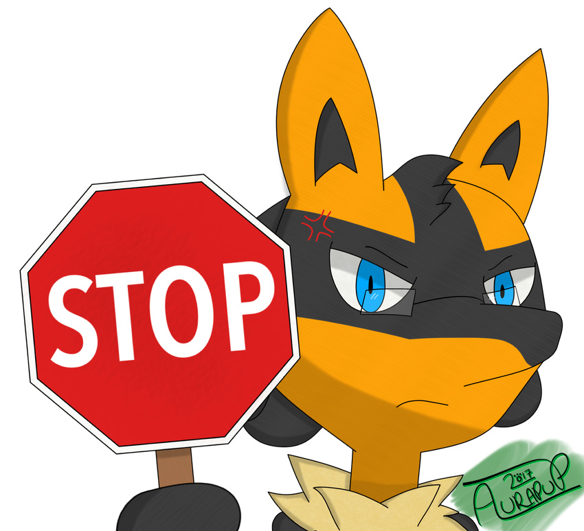 2017 absurd_res alpha_channel angry anthro aurapup blue_eyes canine eyewear fur glasses hi_res holding_object jackal lucario mammal nintendo orange_fur pok&eacute;mon rali reaction_image signature simple_background solo stop_sign transparent_background video_games