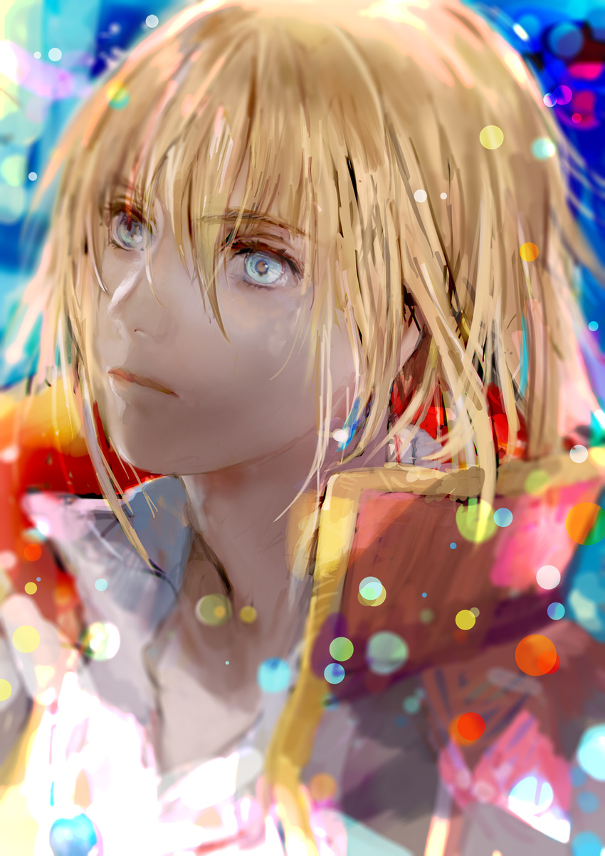 bangs blonde_hair blue_eyes blurry blurry_background bokeh closed_mouth collared_shirt commentary_request crystal_earrings depth_of_field earrings expressionless eyelashes gem gold_trim hair_between_eyes high_collar highres howl_(howl_no_ugoku_shiro) howl_no_ugoku_shiro jacket jacket_on_shoulders jewelry lips looking_afar looking_up male_focus multicolored multicolored_clothes multicolored_jacket necklace popped_collar shirt solo tomatika upper_body white_shirt