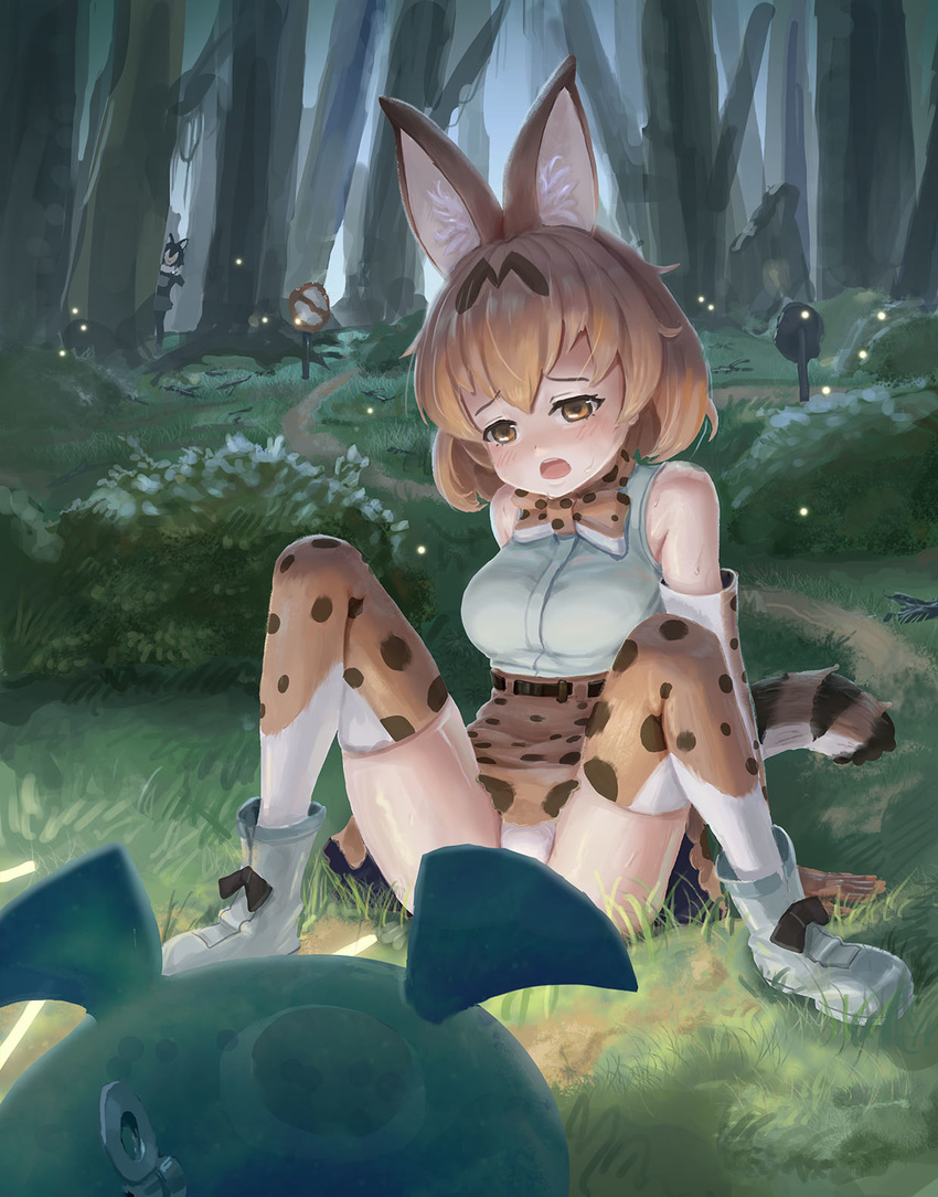 alexoso animal_ears bare_shoulders belt black_hair blush boots bow bowtie breasts brown_eyes bush cerulean_(kemono_friends) fireflies forest fox_ears grey_wolf_(kemono_friends) head_tilt high-waist_skirt highres kemono_friends looking_at_another medium_breasts multiple_girls nature on_ground panties pantyshot pantyshot_(sitting) path road scared serval_(kemono_friends) serval_ears serval_print serval_tail shirt sign sitting skirt sleeveless sleeveless_shirt spread_legs striped_tail sweat tail thighhighs tree underwear white_footwear white_panties white_shirt winding_key wolf_ears