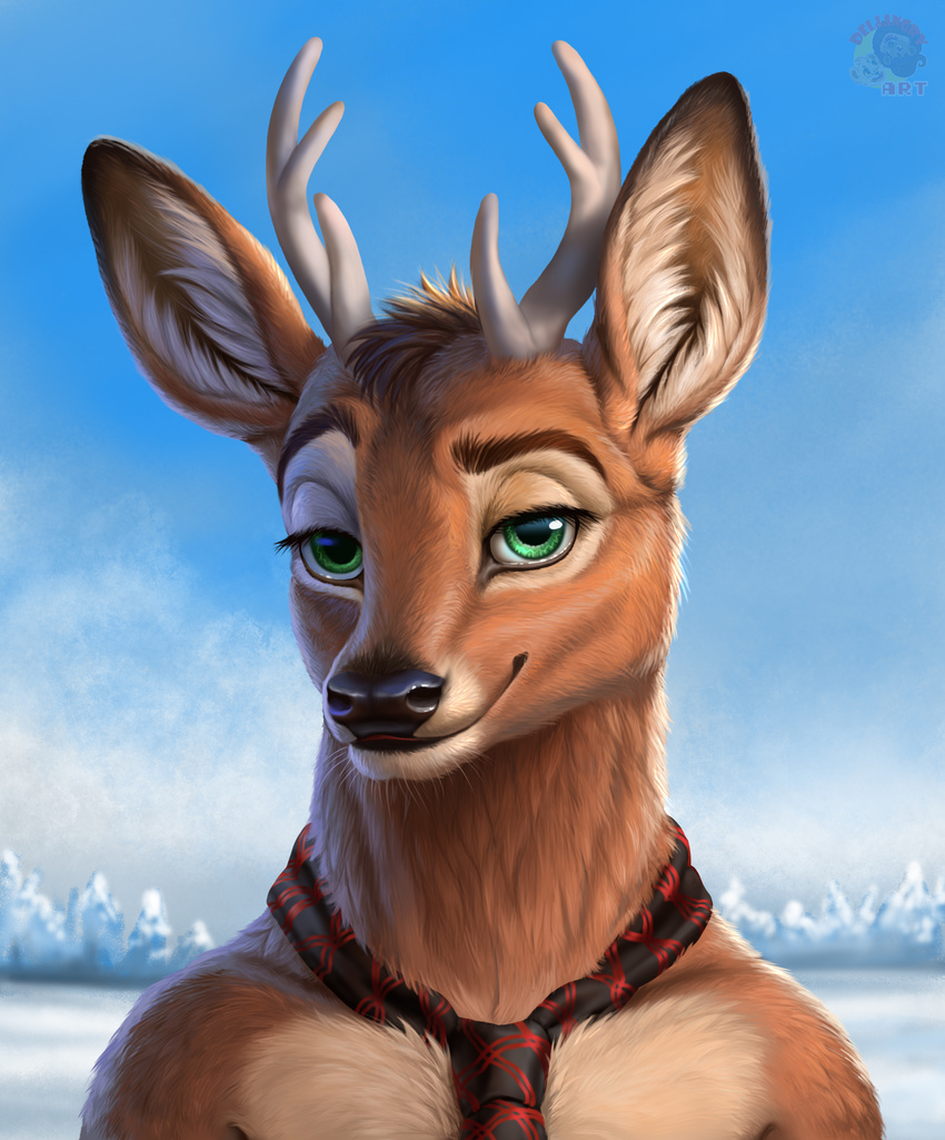 anthro cervine deer delkon fur green_eyes invalid_tag male mammal nature necktie smile solo winter