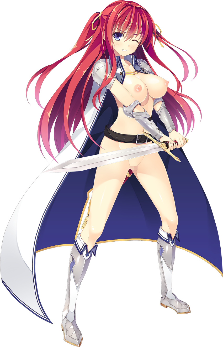 absurdres aikawa_tatsuki armor armored_boots belt boots breasts cape censored full_body grin hair_ribbon highres holding holding_sword holding_weapon large_breasts long_hair looking_at_viewer loose_belt mosaic_censoring navel nipples nude pauldrons pussy red_hair ribbon ryuukishi_bloody_saga saria_blance smile solo sword transparent_background two-handed two_side_up v_arms weapon wince