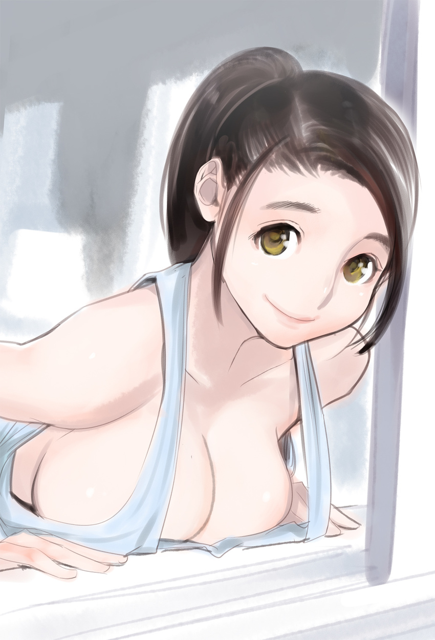 bent_over breast_rest breasts brown_eyes brown_hair cleavage closed_mouth dytm highres large_breasts long_hair looking_at_viewer original ponytail pool_monitor_part-timer_(dytm) smile solo tank_top thick_eyebrows window