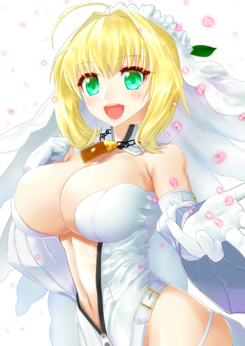 :d absurdres ahoge arm_strap bangs bare_shoulders bell belt blonde_hair blush breasts bridal_veil buckle bursting_breasts center_opening chain clenched_hand cow_bell cowboy_shot detached_collar detached_sleeves eyebrows_visible_through_hair fate/extra fate/extra_ccc fate_(series) flower flower_wreath foreshortening from_side full-length_zipper gloves green_eyes groin hair_intakes hand_up happy head_wreath highres hips large_breasts leotard looking_at_viewer minarai_tenna navel nero_claudius_(bride)_(fate) nero_claudius_(fate)_(all) open_mouth outstretched_arms outstretched_hand petals sidelocks simple_background skindentation smile solo standing strapless strapless_leotard thighhighs tied_hair unzipped veil white_background white_flower white_gloves white_legwear white_leotard white_sleeves wide_sleeves zipper zipper_pull_tab