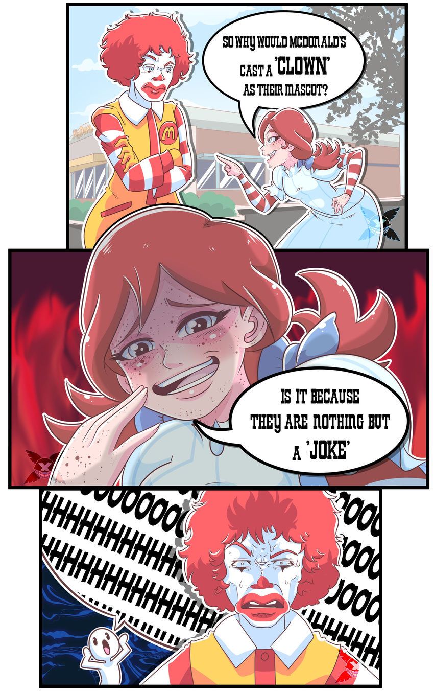 1girl absurdres angelxmikey braid clown comic crossed_arms crossover facepaint freckles highres mcdonald's red_hair ronald_mcdonald smile smug striped trolling twin_braids twintails wendy's wendy_(wendy's)
