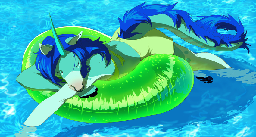 akitamonster anthro bikini blue_hair clothing equine eyes_closed facial_piercing female hair horn lying mammal nose_piercing nose_ring piercing solo swimsuit unicorn water