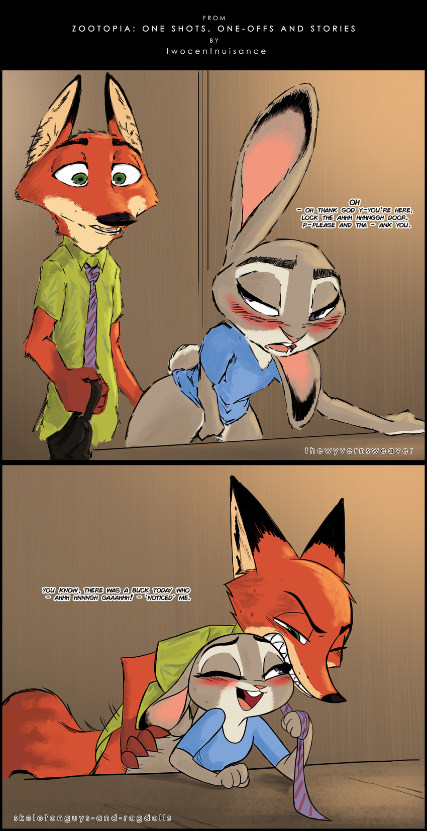 2017 anthro bent_over blush bottomless butt butt_grab canine clothed clothing collaboration comic dialogue disney duo english_text female fox from_behind_position hand_on_butt inner_ear_fluff judy_hopps lagomorph male mammal necktie nick_wilde rabbit sex skeletonguys-and-ragdolls standing text thewyvernsweaver zootopia