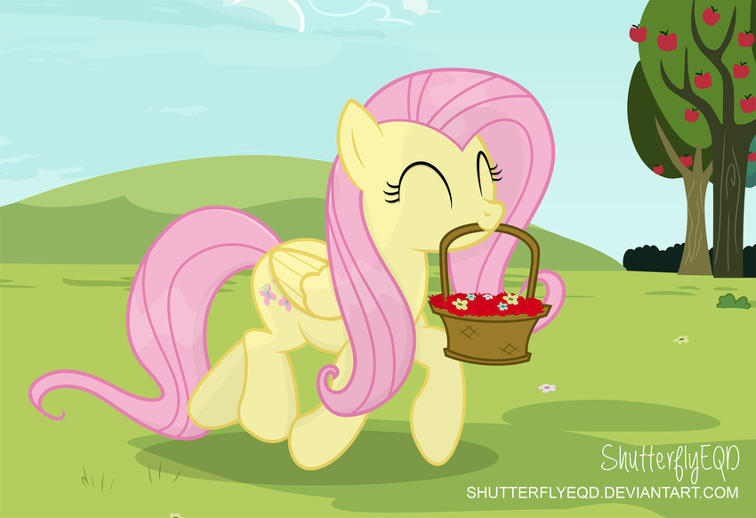 2017 apple basket cloud cutie_mark equine feathered_wings feathers female feral flower fluttershy_(mlp) food friendship_is_magic fruit grass hair hi_res mammal my_little_pony object_in_mouth outside pegasus pink_hair plant shutterflyeqd sky smile solo tree wings yellow_feathers