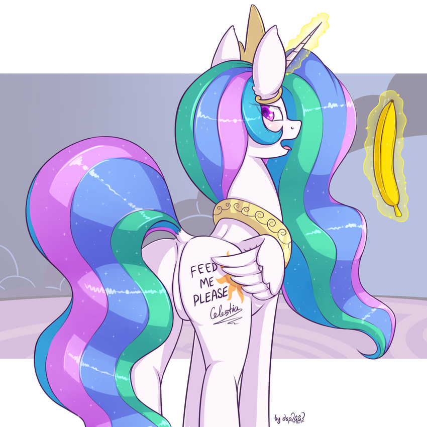 2017 banana bedroom_eyes crown cutie_mark dsp2003 english_text equine feathered_wings feathers female feral food friendship_is_magic fruit hair half-closed_eyes hi_res horn looking_at_viewer looking_back magic mammal multicolored_hair my_little_pony princess_celestia_(mlp) purple_eyes royalty seductive solo text white_feathers winged_unicorn wings