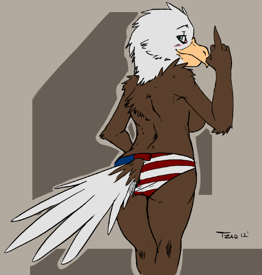 2012 abstract_background anthro avian bald_eagle beak bikini bikini_bottom bird blush breasts brown_body brown_feathers butt clothed clothing digital_media_(artwork) eagle feathers female flat_colors furgonomics green_eyes hi_res looking_at_viewer looking_back middle_finger multicolored_body multicolored_feathers panties pinup portrait pose rear_view side_boob simple_background smile solo standing stars_and_stripes swimsuit tail_button_bottoms tail_clothing three-quarter_portrait topless tzarvolver underwear united_states_of_america white_feathers white_tail
