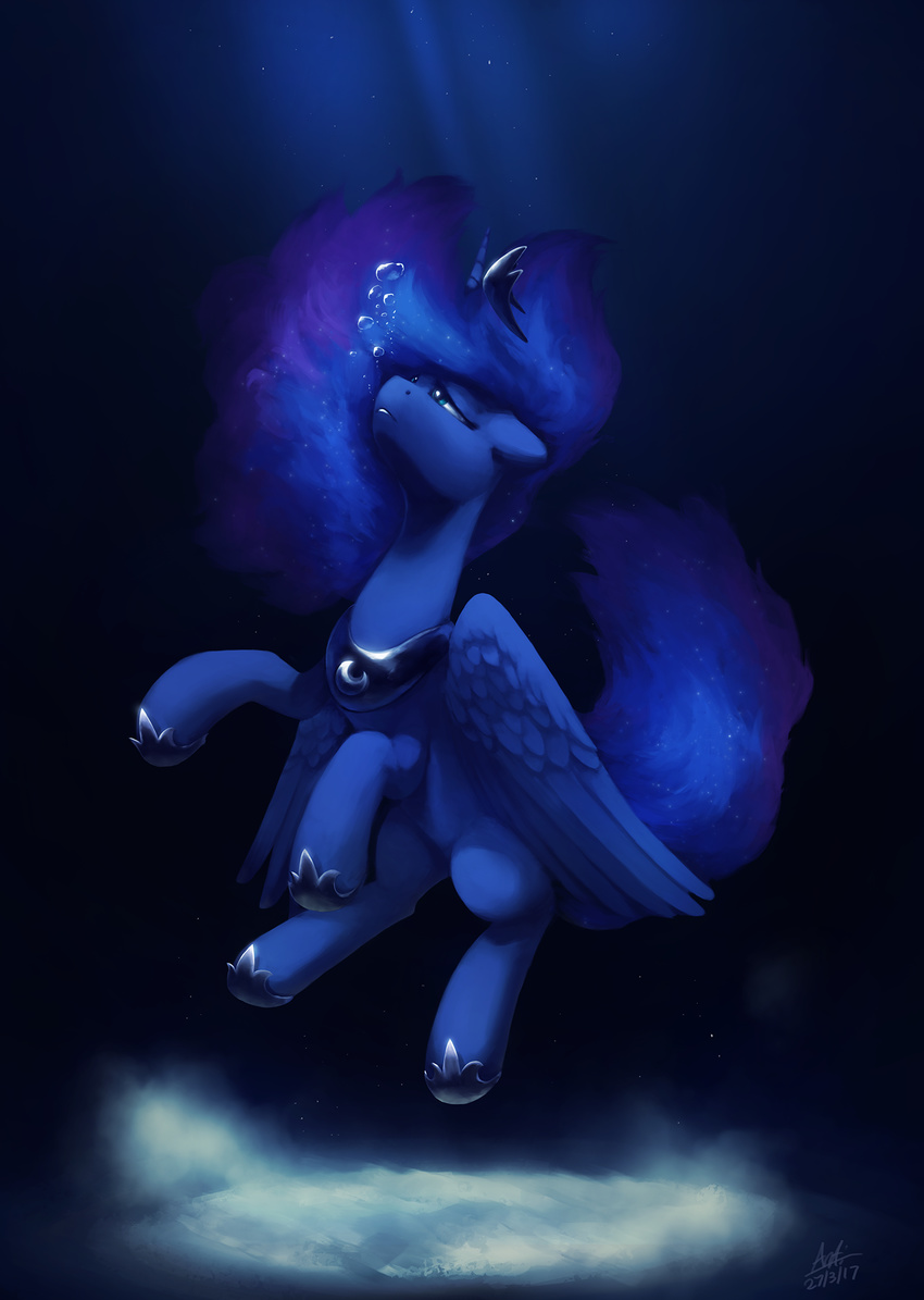 2017 anticularpony blue_eyes blue_feathers blue_hair bubble crown equine feathered_wings feathers female feral friendship_is_magic hair hi_res horn jewelry mammal my_little_pony necklace princess_luna_(mlp) solo underwater water winged_unicorn wings