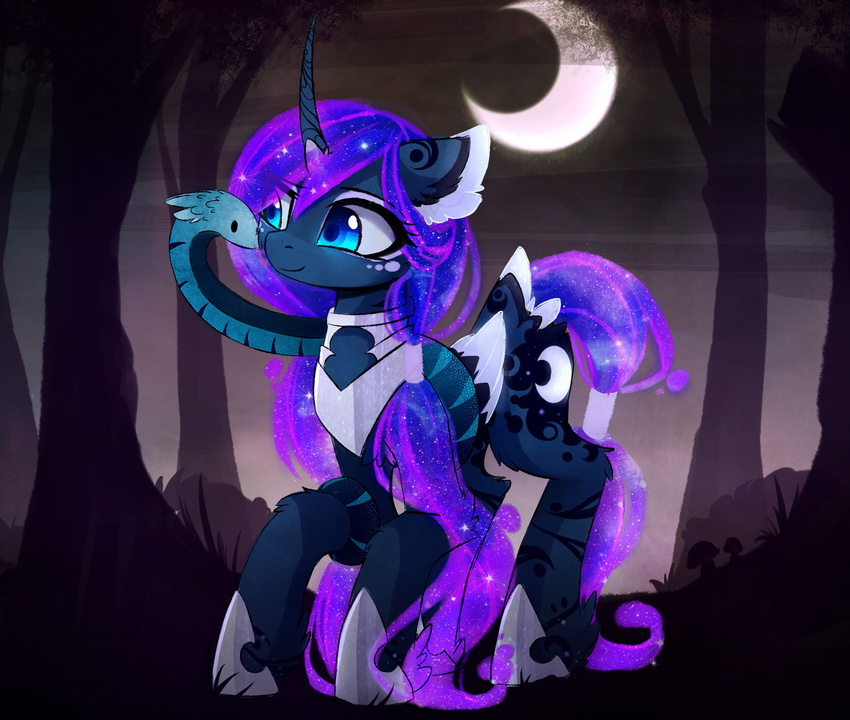 blue_eyes blue_fur cosmic_hair cutie_mark duo equine feral forest friendship_is_magic fur hooves horn magnaluna mammal moon my_little_pony night outside princess_luna_(mlp) reptile scalie sile smile snake standing tree winged_unicorn wings