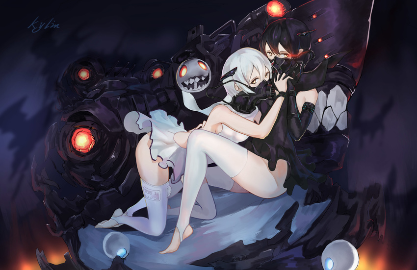 absurdres abyssal_twin_hime_(black) abyssal_twin_hime_(white) ankle_wrap artist_name bangs barefoot black_hair breasts dress elbow_gloves gloves glowing glowing_eyes hair_between_eyes hands_together headgear highres holding_hands interlocked_fingers kantai_collection kneeling leaning_on_person legs looking_at_viewer medium_breasts multiple_girls oxygen_mask shinkaisei-kan short_dress short_hair sitting sleeveless sleeveless_dress thighhighs toeless_legwear underwater white_hair yellow_eyes yun_lin