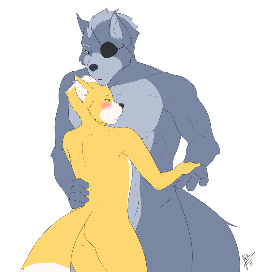 anthro blush canine fox fox_mccloud jakewoolson2014 male male/male mammal muscular muscular_male nintendo nude size_difference star_fox video_games wolf wolf_o'donnell
