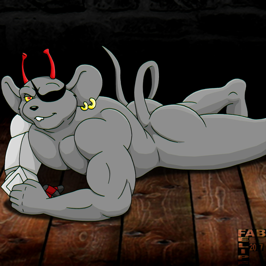 2017 alien antennae anthro biceps big_muscles biker_mice_from_mars butt clothing ear_piercing eye_patch eyewear fabfelipe fingerless_gloves fur gloves grey_fur grey_nose looking_at_viewer looking_back lying male mammal modo mouse muscular muscular_male nude on_front piercing red_eyes robotic_arm rodent shadow solo teeth