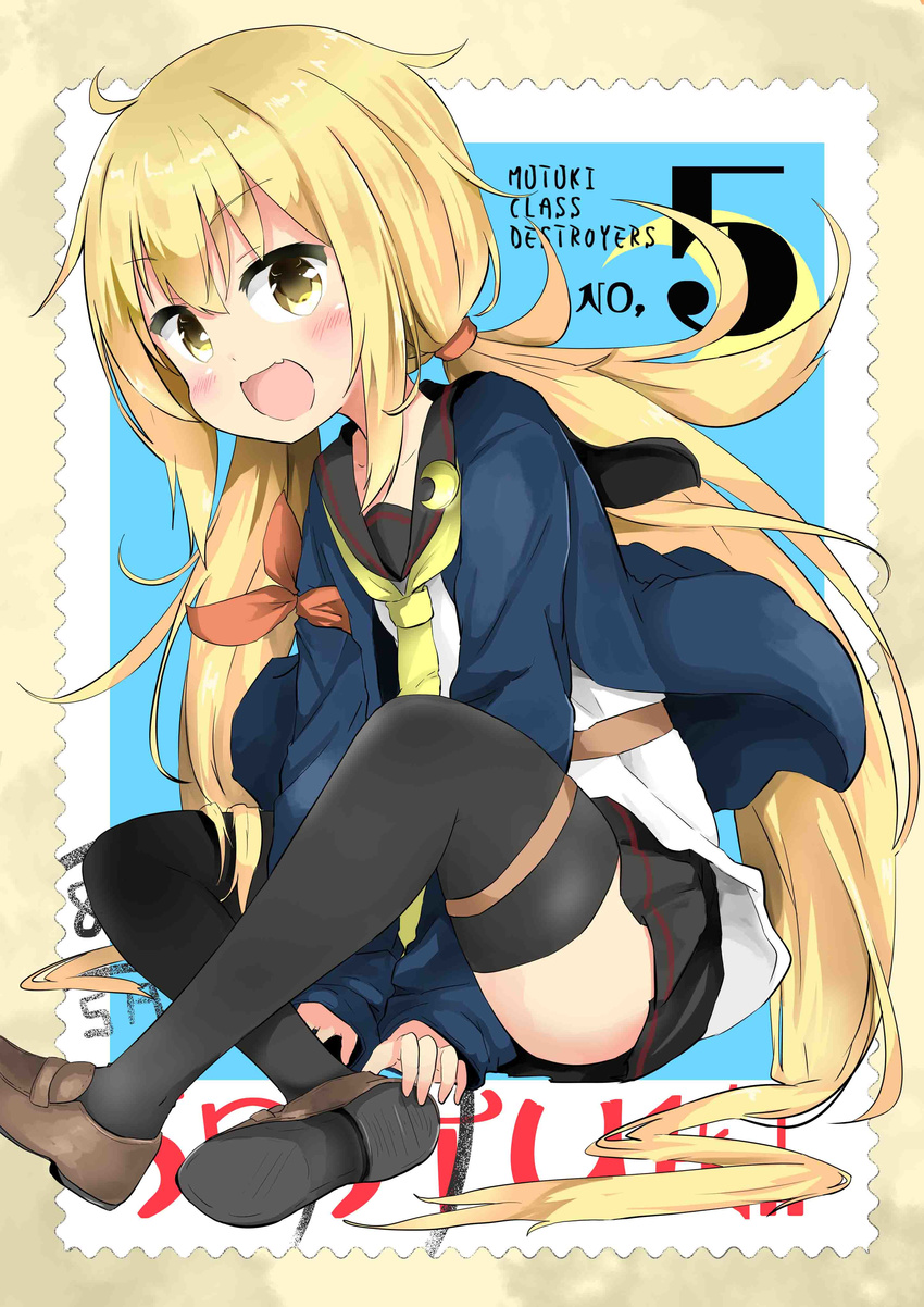 absurdres ayuya_naka_no_hito black_legwear blonde_hair highres jacket kantai_collection long_hair remodel_(kantai_collection) satsuki_(kantai_collection) school_uniform serafuku solo thighhighs twintails very_long_hair yellow_eyes