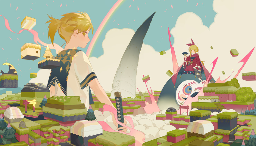 1girl absurdres blonde_hair bow cloud creature cushion daruma_doll fan floating folding_fan hair_bow highres holding holding_fan holding_sword holding_weapon japanese_clothes kagamine_len kagamine_rin katana kimono landscape long_sleeves looking_at_viewer looking_back perspective ponytail rainbow riding ryuutsuki_basetsu sailor_collar scenery short_hair short_sleeves sideways_glance sitting sky smile sword tombstone torii tree vocaloid waves weapon wide_sleeves yellow_eyes