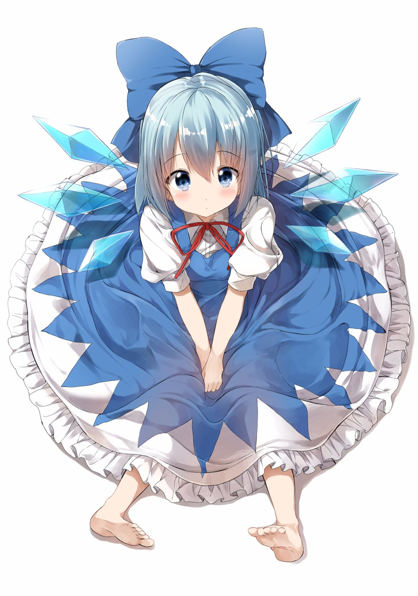 barefoot blue_bow blue_dress blue_eyes blue_hair blush bow cirno dress hair_bow highres ice ice_wings looking_at_viewer looking_up pentagon_(railgun_ky1206) puffy_short_sleeves puffy_sleeves red_ribbon ribbon short_sleeves simple_background solo touhou v_arms white_background wings