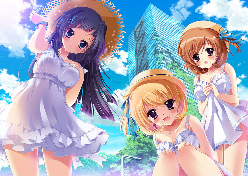 :d bangs bare_arms black_hair blonde_hair blue_eyes blue_ribbon blush breast_suppress breasts brown_hair building cleavage cloud collarbone commentary_request day dress eyebrows_visible_through_hair fang from_below hair_ornament hair_ribbon hands_on_own_knees hat ichi_rin jewelry lamppost leaning_to_the_side long_hair looking_at_viewer medium_breasts multiple_girls open_mouth original outdoors overgrown parted_lips purple_eyes revision ribbon short_hair side_ponytail single_earring skirt_hold sky sleeveless sleeveless_dress smile snowflake_hair_ornament spaghetti_strap squatting standing star straw_hat sundress tree white_dress