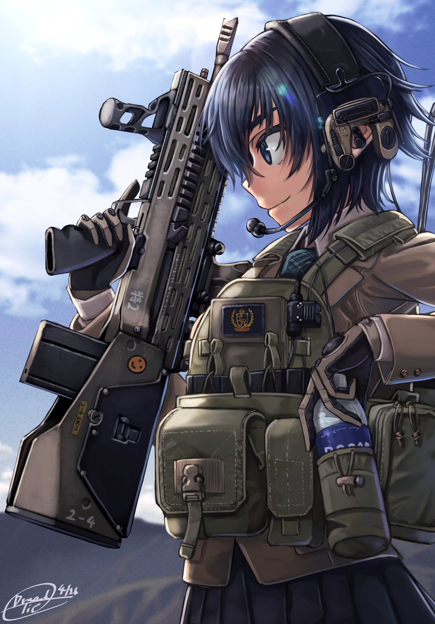 assault_rifle battle_rifle black_skirt blue_eyes blue_hair blue_sky bottle brown_gloves brown_jacket bullpup buttons closed_mouth cloud cloudy_sky commentary_request dated day dreadtie dress_shirt ear_protection from_side gloves gun headset highres holding holding_bottle holding_gun holding_weapon jacket load_bearing_vest long_sleeves m14 necktie original outdoors plaid plaid_neckwear plaid_skirt profile rifle school_uniform shirt short_hair signature skirt sky smile solo trigger_discipline upper_body water_bottle weapon