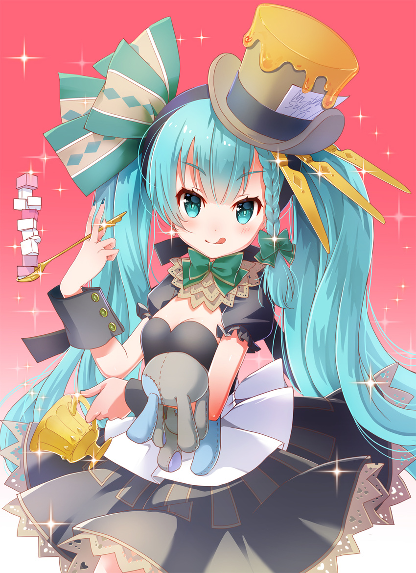 ;q alice_in_wonderland bangs between_fingers black_bow black_dress black_hairband black_ribbon blunt_bangs blush bow bowtie braid breasts brown_hat cleavage cowboy_shot cup dress eyebrows_visible_through_hair fingernails frilled_sleeves frills genderswap genderswap_(mtf) gradient gradient_background green_bow green_eyes green_hair green_nails green_neckwear green_ribbon hair_bow hair_ornament hair_ribbon hairband hand_up hat hat_ribbon highres holding holding_cup holding_spoon holding_stuffed_animal licking_lips long_hair looking_at_viewer mad_hatter nail_polish one_eye_closed puffy_short_sleeves puffy_sleeves ribbon sakura_(superbunnys) short_sleeves side_braid small_breasts smile solo spoon stuffed_animal stuffed_bunny stuffed_toy sugar_cube teacup tongue tongue_out top_hat tress_ribbon twintails very_long_hair wrist_cuffs