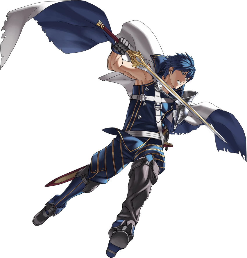 armor bangs belt blue_eyes blue_hair boots cape falchion_(fire_emblem) fire_emblem fire_emblem:_kakusei fire_emblem_heroes full_body gloves highres holding holding_weapon knee_boots kozaki_yuusuke krom looking_away male_focus official_art pants sheath short_hair shoulder_armor sleeveless sword transparent_background weapon