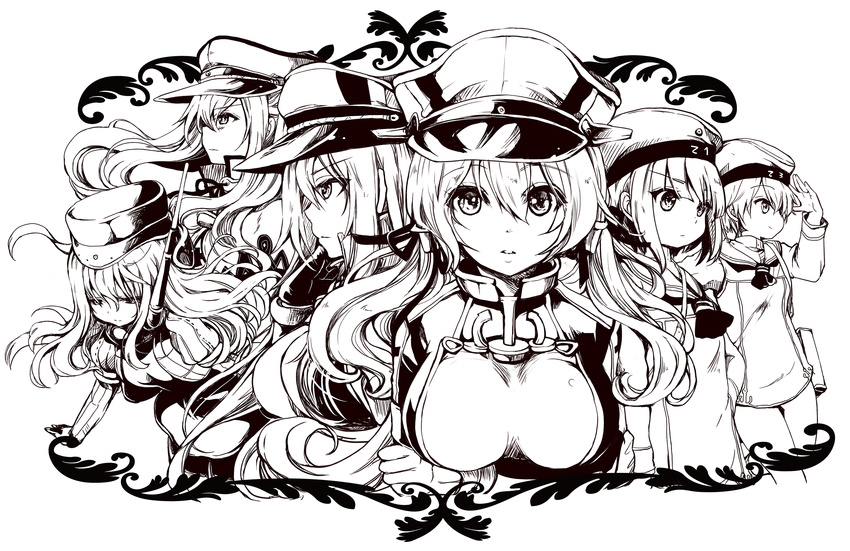 anchor arm_at_side arm_up bag bangs beret bismarck_(kantai_collection) blunt_bangs blush breast_hold breasts character_name closed_mouth clothes_writing collar commentary_request cropped_jacket cropped_legs dress expressionless eyebrows_visible_through_hair gloves gouda_nagi graf_zeppelin_(kantai_collection) greyscale hair_between_eyes hand_on_forehead hand_on_hip hand_on_own_chin hat highres kantai_collection long_hair long_sleeves looking_afar looking_at_viewer low_twintails medium_breasts monochrome multiple_girls neckerchief over_shoulder parted_lips peaked_cap prinz_eugen_(kantai_collection) profile sailor_dress short_dress short_sleeves simple_background standing thighs twintails u-511_(kantai_collection) upper_body very_long_hair white_background z1_leberecht_maass_(kantai_collection) z3_max_schultz_(kantai_collection)